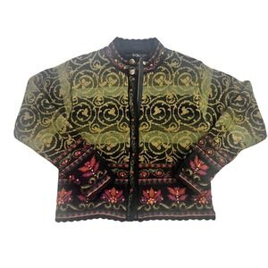 ICELANDIC DESIGN Womens Intarsia Knit Zipper Front Jacket PXS Green Black Floral